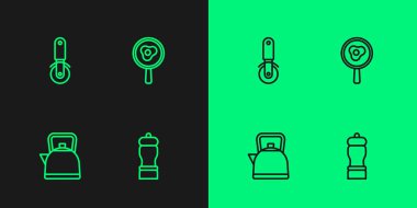 Set line Pepper, Kettle with handle, Pizza knife and Fried eggs on frying pan icon. Vector