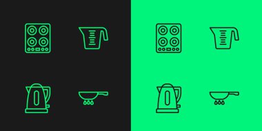 Set line Frying pan on fire, Electric kettle, Gas stove and Measuring cup icon. Vector