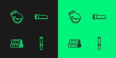 Set line Chisel tool, Wooden log, Electric circular saw and Hand icon. Vector