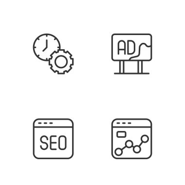 Set line Market analysis, SEO optimization, Time management and Advertising icon. Vector