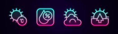 Set line Sun, Water drop percentage, and cloud weather and Sunrise. Glowing neon icon. Vector