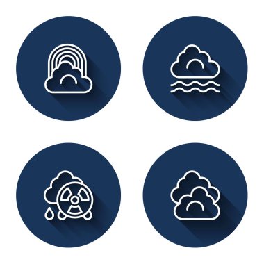 Set line Rainbow with cloud, Fog and, Acid rain radioactive and Cloud with long shadow. Blue circle button. Vector