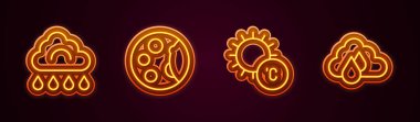Set line Cloud with rain, Moon phases, Sun and . Glowing neon icon. Vector