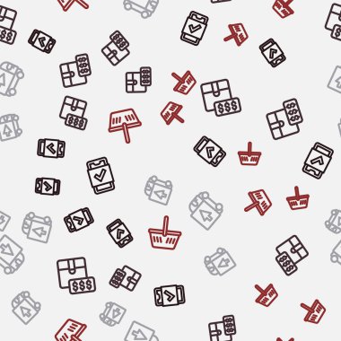 Set line Mobile shopping, Item price tag with dollar, Delivery cargo truck and Shopping basket on seamless pattern. Vector
