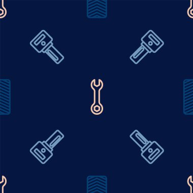 Set line Car tire wheel, key with remote and Wrench spanner on seamless pattern. Vector
