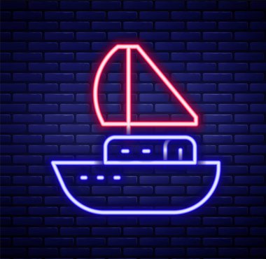 Parlayan neon hattı, yelkenli ya da yelkenli gemi ikonu tuğla duvar arkasında izole edilmiş. Yelkenli deniz seyahati. Renkli taslak konsepti. Vektör