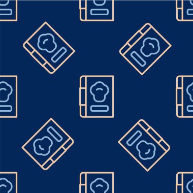 Çizgi kitabı simgesi mavi arkaplanda izole edilmiş kusursuz desen. Yemek kitabı ikonu. Yemek tarifi kitabı. Çatal ve bıçak ikonları. Çatal bıçak sembolü. Vektör