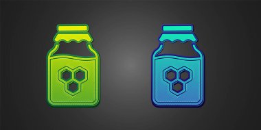 Siyah arkaplanda izole edilmiş yeşil ve mavi bal ikonu. Yiyecek bankası. Tatlı doğal gıda sembolü. Vektör