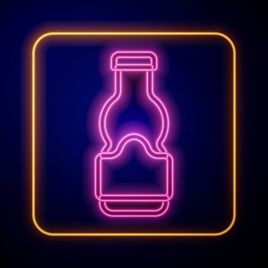 Siyah arka planda parlayan neon sosu ikonu izole edilmiş. Ketçap, hardal ve fast food için soslu mayonez şişeleri. Vektör