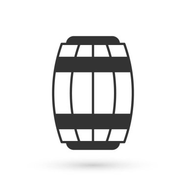 Gri tahta varil ikonu beyaz arka planda izole edildi. Alkol fıçısı, içki kabı, bira için tahta fıçı, viski, şarap. Vektör