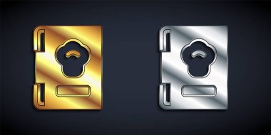 Siyah arkaplanda izole edilmiş altın ve gümüş yemek kitabı ikonu. Yemek kitabı ikonu. Yemek tarifi kitabı. Çatal ve bıçak ikonları. Çatal bıçak sembolü. Uzun gölge tarzı. Vektör