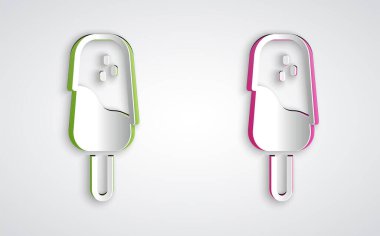 Kağıt kesiği dondurma ikonu gri arka planda izole. Güzel sembol. Kağıt sanatı tarzı. Vektör