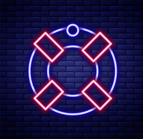 Parlayan neon hattı Lifebuoy simgesi tuğla duvar arka planında izole edildi. Can simidi sembolü. Renkli taslak konsepti. Vektör