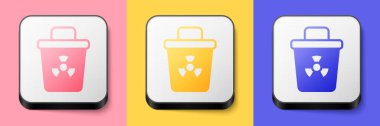Isometric Infectious waste icon isolated on pink, yellow and blue background. Tank for collecting radioactive waste. Dumpster or container. Biohazardous substances. Square button. Vector