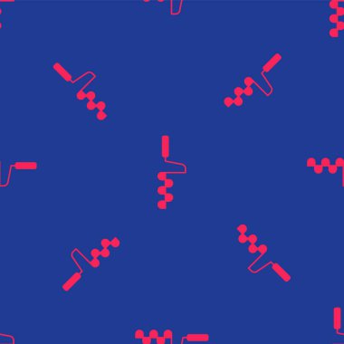 Kışlık balıkçılık ikonu için kırmızı el buz matkabı mavi arka planda izole edilmiş pürüzsüz desen. Vektör