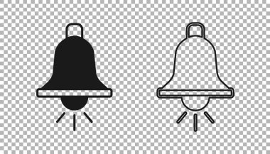 Şeffaf arkaplanda siyah zil simgesi izole edildi. Yangın alarmı. Servis zili, el zili işareti, uyarı sembolü. Vektör