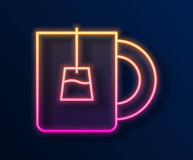 Siyah arka planda izole edilmiş parlak neon çizgili çay ikonu. Vektör