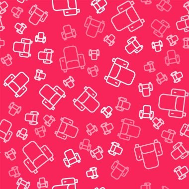 Beyaz çizgi sinema koltuğu ikonu kırmızı arkaplanda izole edilmiş pürüzsüz desen. Vektör