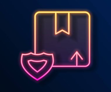 Parlayan neon hattı. Siyah zemin üzerinde kalkan simgesi olan teslimat güvenliği. Teslimat sigortası. Kalkanın ötesinde sigorta kutuları var. Vektör