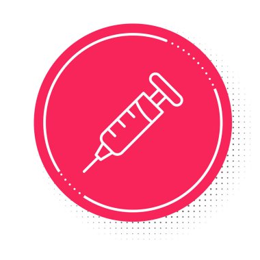 Beyaz çizgi şırınga simgesi beyaz arkaplanda izole edildi. Aşı için şırınga, aşı, iğne, grip aşısı. Tıbbi ekipman. Kırmızı daire düğmesi. Vektör