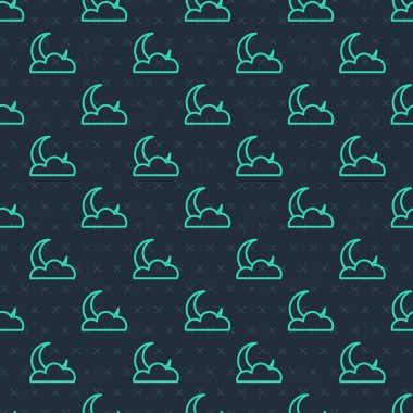 Yeşil çizgi Ay ve yıldız ikonu mavi arka planda izole edilmiş kusursuz desen. Bulutlu gece işareti. Uyku rüyalarının sembolü. Dolunay. Gece ya da yatak zamanı tabelası. Vektör