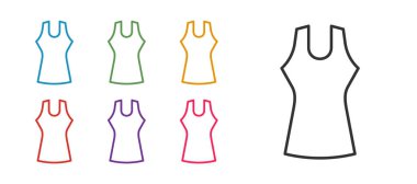 Beyaz arkaplanda kadın giyim simgesi belirle. Kıyafet tabelası. Simgeleri renklendirin. Vektör