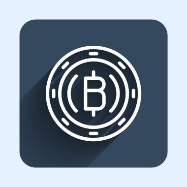 Beyaz çizgi kripto para birimi Bitcoin simgesi uzun gölge arkaplan izole. Madeni para. Engelleme zinciri tabanlı şifreli para birimi. Mavi kare düğme. Vektör