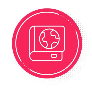 White line Earth globe and book icon isolated on white background. World or Earth sign. Global internet symbol. Geometric shapes. Red circle button. Vector