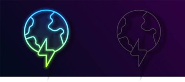 Parlayan neon hattı, siyah arka planda izole edilmiş şimşek simgesi olan Küresel Enerji gezegeni. Ekoloji konsepti ve çevre. Vektör