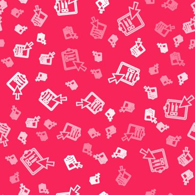 Beyaz çizgi Online quiz, test, araştırma ya da kontrol listesi simgesi kırmızı arkaplanda izole edilmiş kusursuz desen. Sınav listesi. E-eğitim konsepti. Vektör