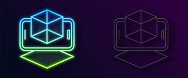 Parlayan neon hattı 3D modelleme simgesi siyah arkaplanda izole edildi. Artırılmış gerçeklik mi yoksa sanal gerçeklik mi? Vektör