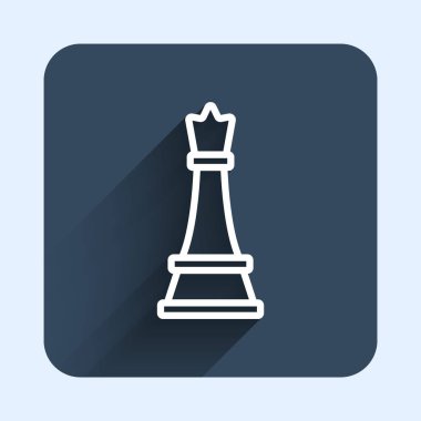 Beyaz çizgi satranç ikonu uzun gölge arkaplan izole. İş stratejisi. Oyun, yönetim, finans. Mavi kare düğme. Vektör