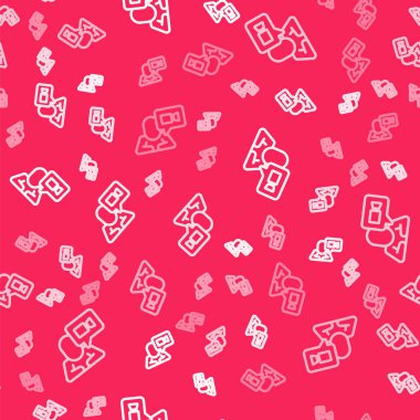 Beyaz çizgi görüntülü sohbet konferans simgesi kırmızı arkaplanda izole edilmiş kusursuz desen. Çevrimiçi iş görüşmesi formu. Uzak proje yönetimi. Vektör