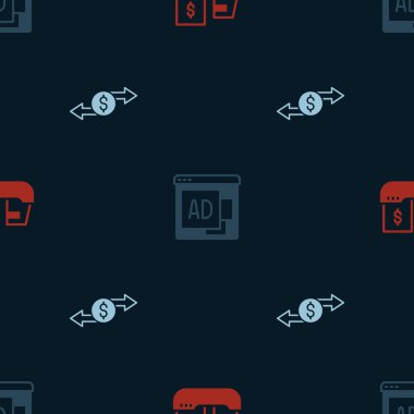 Set Cargo ship with boxes delivery, Advertising and Money exchange on seamless pattern. Vector