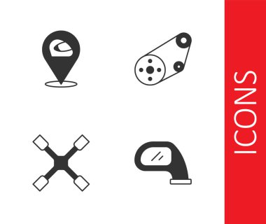 Set Car mirror, Racing helmet, Wheel wrench and Timing belt kit icon. Vector
