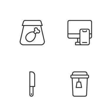 Set line Cup of tea, Knife, Online ordering meal and food icon. Vector