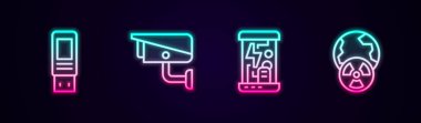 Set line USB flash drive, Security camera, Cryogenic capsules and Planet earth and radiation. Glowing neon icon. Vector