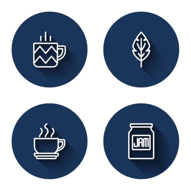 Set line Cup of tea, Leaf, Coffee cup and Jam jar with long shadow. Blue circle button. Vector
