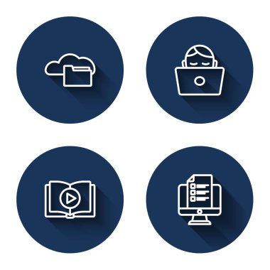 Set line Cloud or online library, Student working at laptop, Audio book and Online quiz, test, survey with long shadow. Blue circle button. Vector