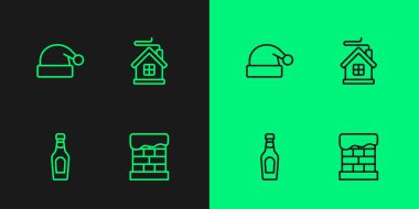 Set line Christmas chimney, Champagne bottle, Santa Claus hat and Merry house icon. Vector