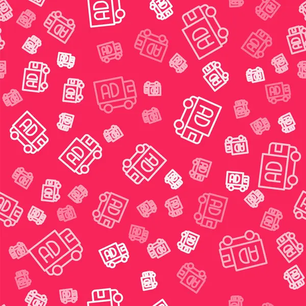 White line Advertising on truck icon isolated seamless pattern on red background. Concept of marketing and promotion process. Responsive ads. Social media advertising.  Vector