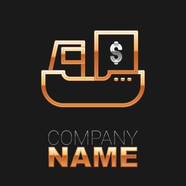 Kara arka planda kutucuk servis simgesine sahip çizgi kargo gemisi. Teslimat, ulaşım. Paketleri, kutuları, malları olan bir şilep. Renkli taslak konsepti. Vektör