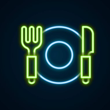 Parlak neon çizgisi plakası, çatal ve bıçak ikonu siyah arka planda izole edilmiş. Çatal bıçak sembolü. Restoran tabelası. Renkli taslak konsepti. Vektör