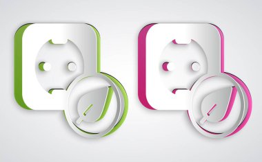 Paper cut Electrical outlet icon isolated on grey background. Alternative energy. Clean energy. Power socket. Rosette symbol. Paper art style. Vector