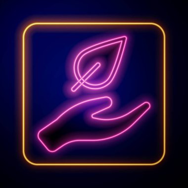 Parlayan neon el siyah arkaplanda izole edilmiş bitki ikonunun bir yaprağını tutuyor. Doğayı koru. Yaprak, çevre korumasıyla çekiliyor. Vektör
