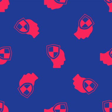 Kırmızı Hayat Sigortası ve kalkan ikonu mavi arka planda izole edilmiş pürüzsüz desen. Güvenlik, güvenlik, koruma, konsept koruma. Vektör