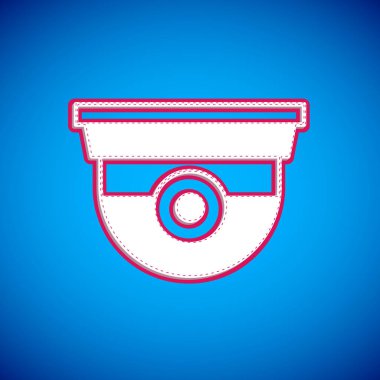 Mavi arka planda beyaz güvenlik kamerası simgesi izole edildi. Vektör