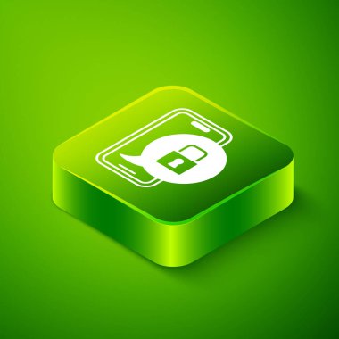 Isometric Smartphone with closed padlock icon isolated on green background. Phone with lock. Mobile security, safety, protection concept. Green square button. Vector