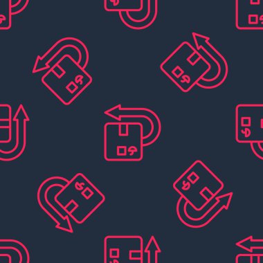 Red line Return cardboard box icon isolated seamless pattern on black background. Box, package, parcel sign. Delivery and packaging.  Vector