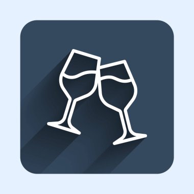 Beyaz çizgi şarap cam ikonu uzun gölge arkaplan izole. Şarap kadehi işareti. Mavi kare düğme. Vektör
